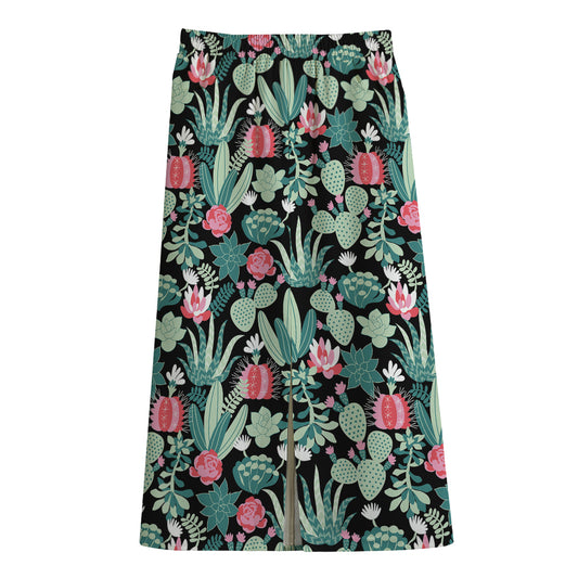 Cute Cactus And Succulent Print Cotton Front Slit Maxi Skirt