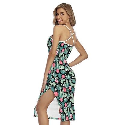 Cute Cactus And Succulent Print Cross Back Cami Dress
