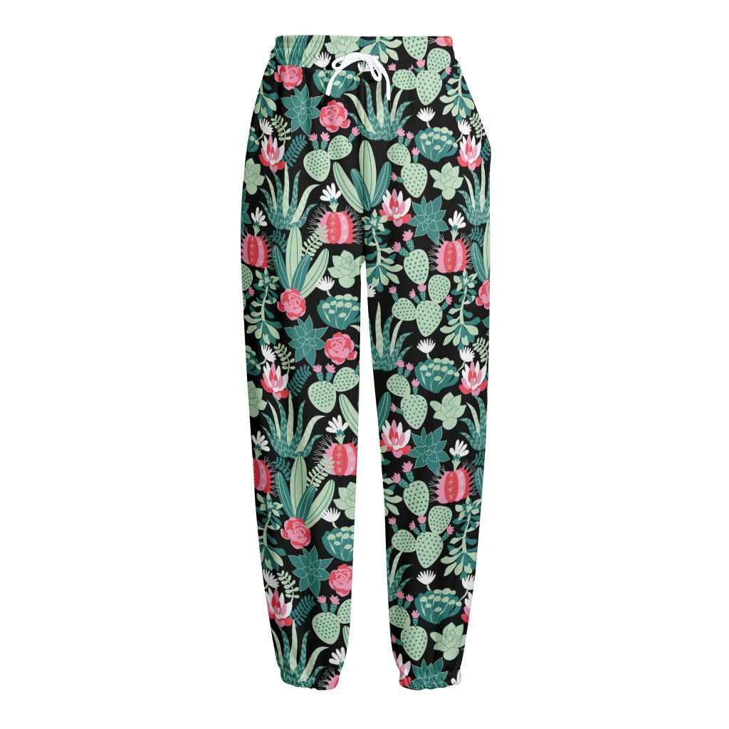 Cute Cactus And Succulent Print Fleece Lined Knit Pants