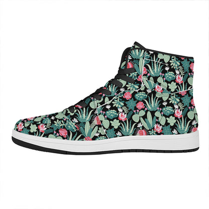 Cute Cactus And Succulent Print High Top Leather Sneakers