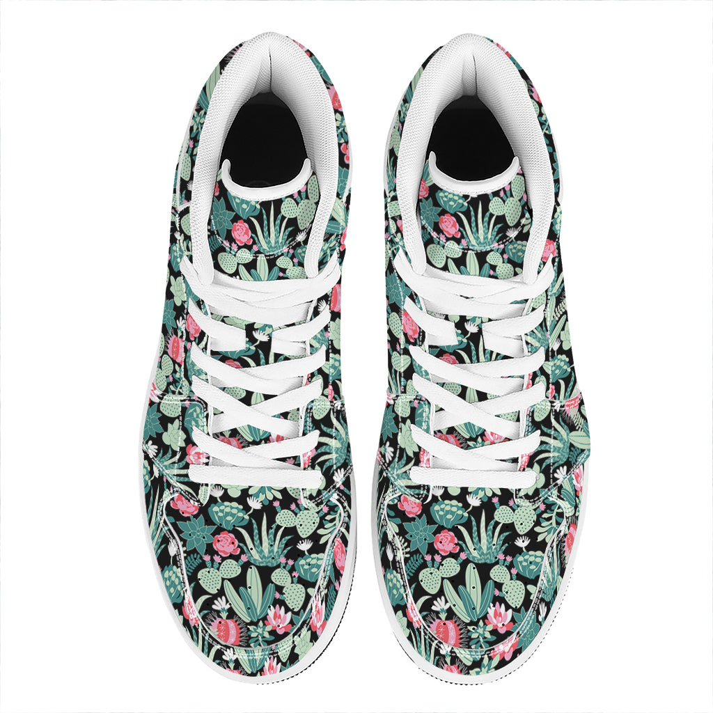 Cute Cactus And Succulent Print High Top Leather Sneakers