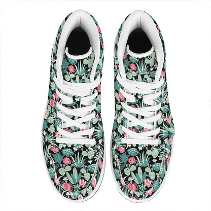 Cute Cactus And Succulent Print High Top Leather Sneakers