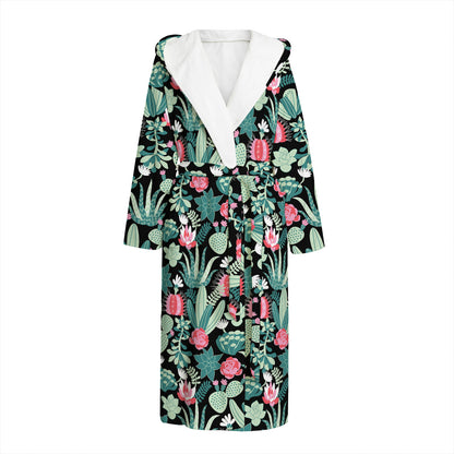 Cute Cactus And Succulent Print Hooded Bathrobe