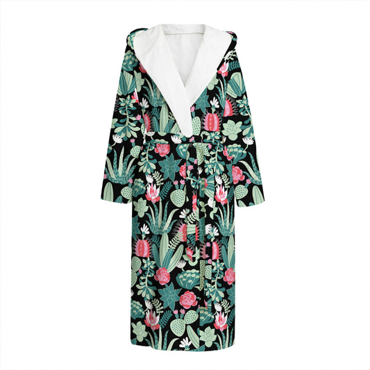 Cute Cactus And Succulent Print Hooded Bathrobe