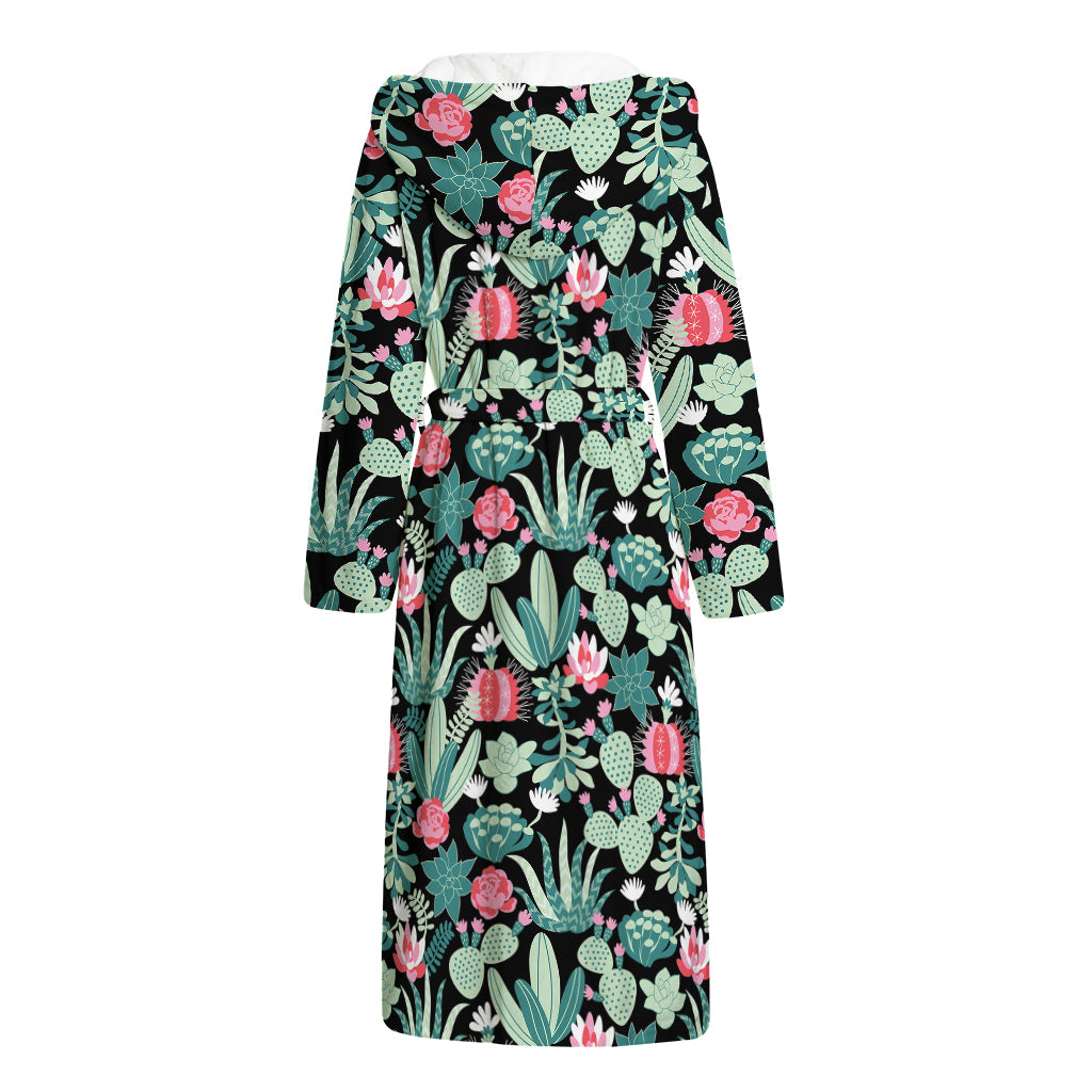 Cute Cactus And Succulent Print Hooded Bathrobe
