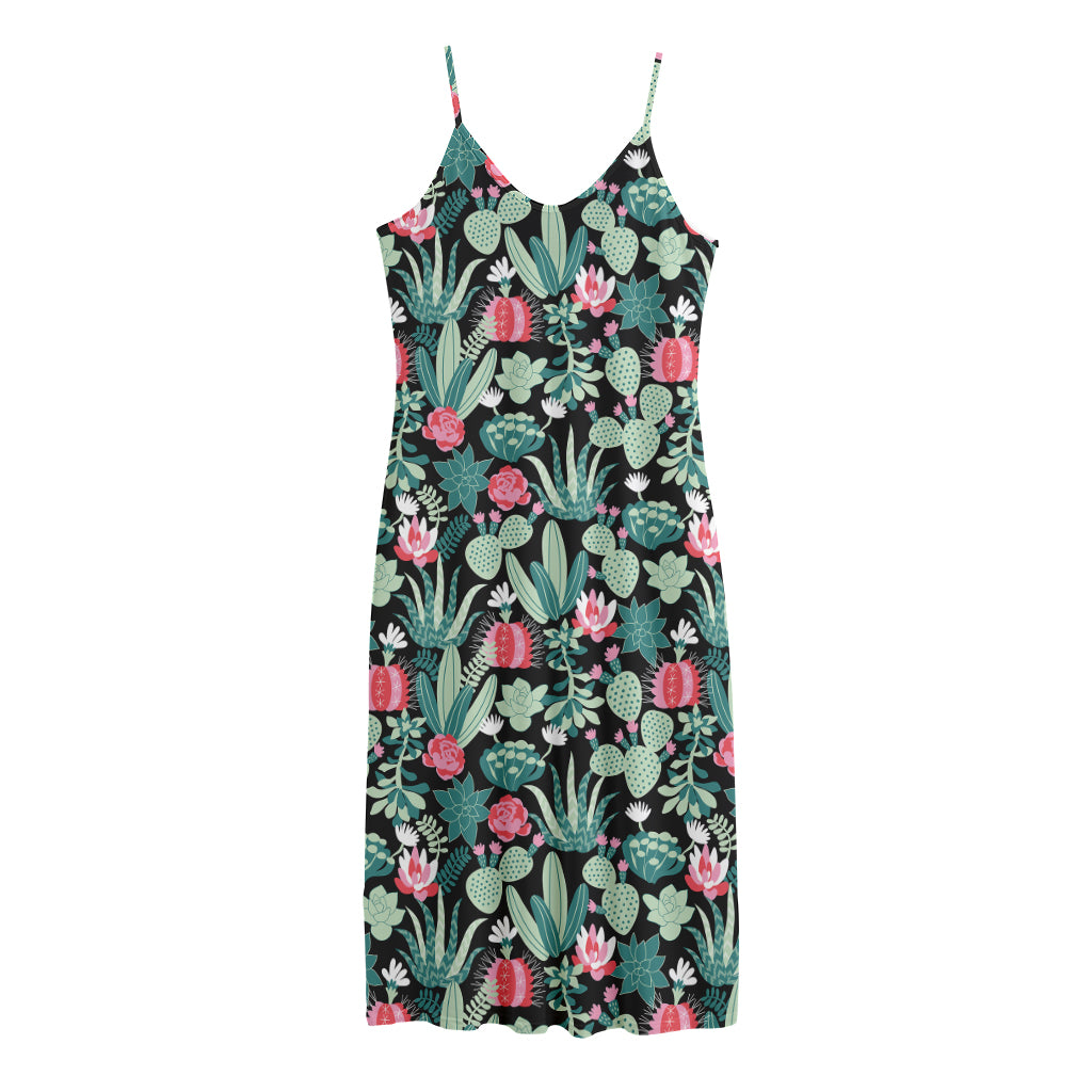 Cute Cactus And Succulent Print Jersey Midi Cami Dress