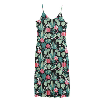 Cute Cactus And Succulent Print Jersey Midi Cami Dress