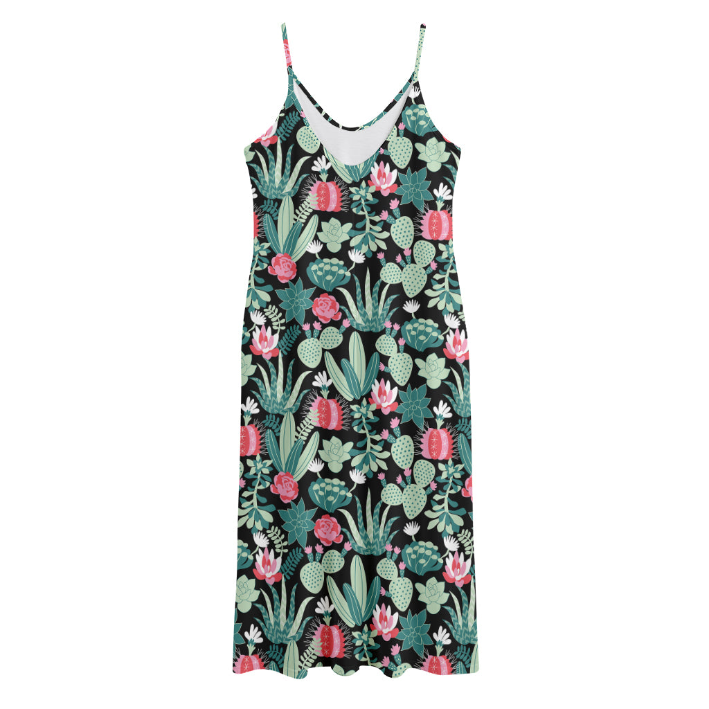 Cute Cactus And Succulent Print Jersey Midi Cami Dress