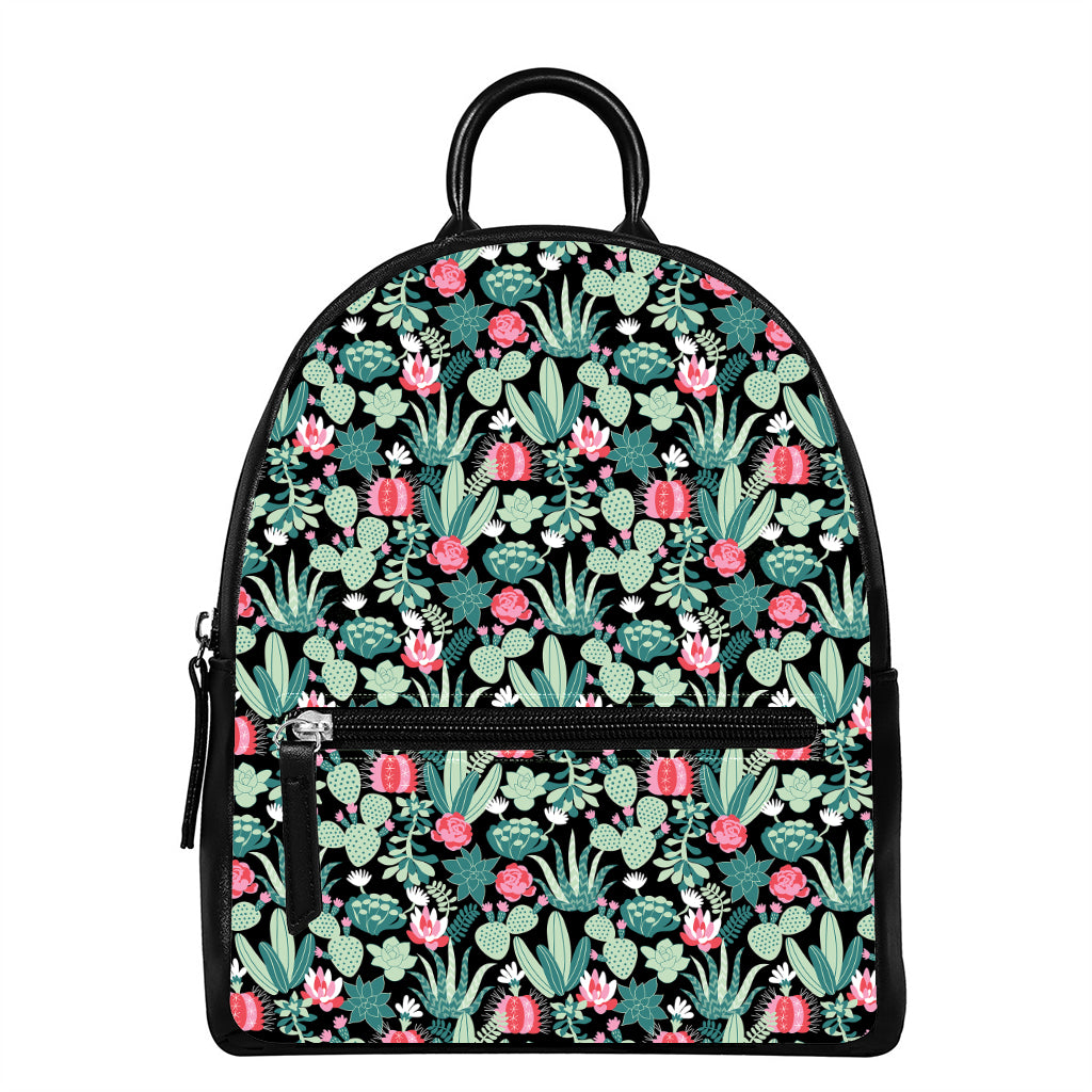 Cute Cactus And Succulent Print Leather Backpack