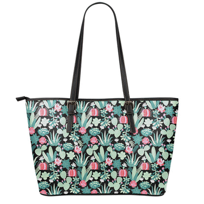 Cute Cactus And Succulent Print Leather Tote Bag