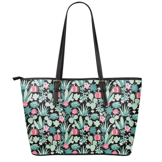 Cute Cactus And Succulent Print Leather Tote Bag