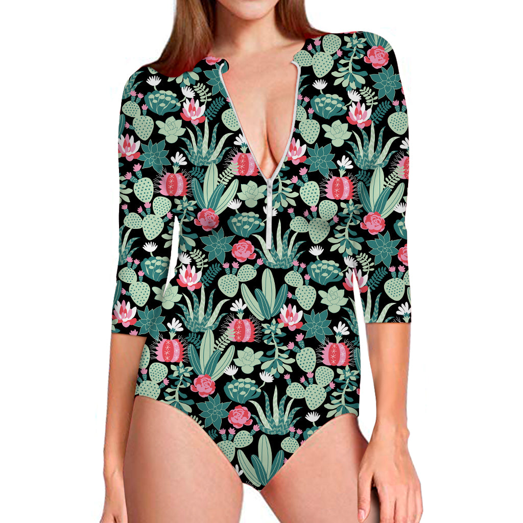 Cute Cactus And Succulent Print Long Sleeve Swimsuit
