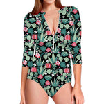 Cute Cactus And Succulent Print Long Sleeve Swimsuit