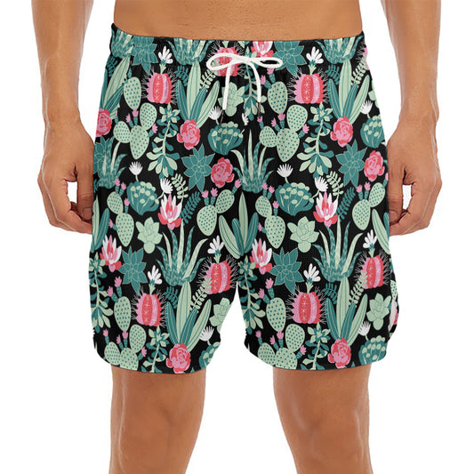 Cute Cactus And Succulent Print Men's Split Running Shorts