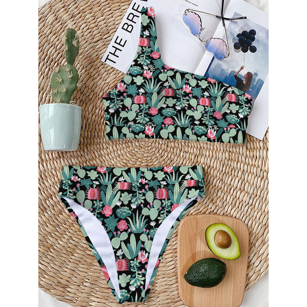Cute Cactus And Succulent Print One Shoulder Bikini Top