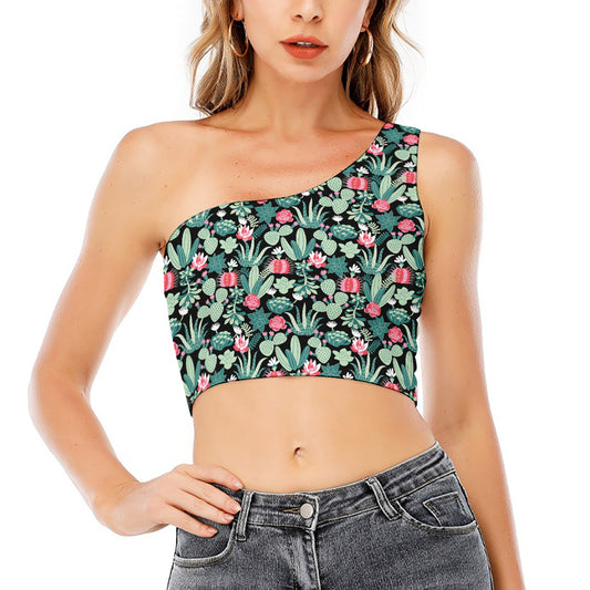 Cute Cactus And Succulent Print One Shoulder Crop Top
