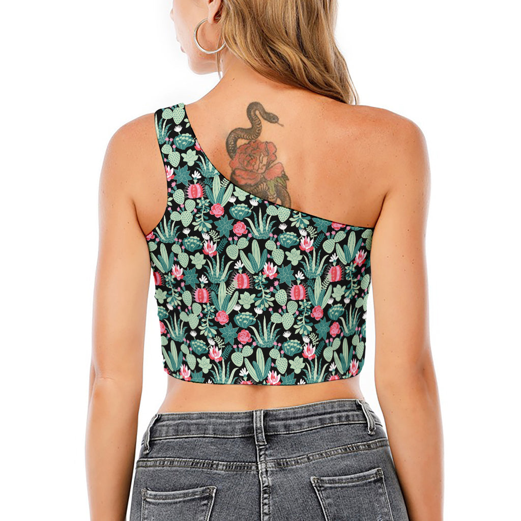 Cute Cactus And Succulent Print One Shoulder Crop Top