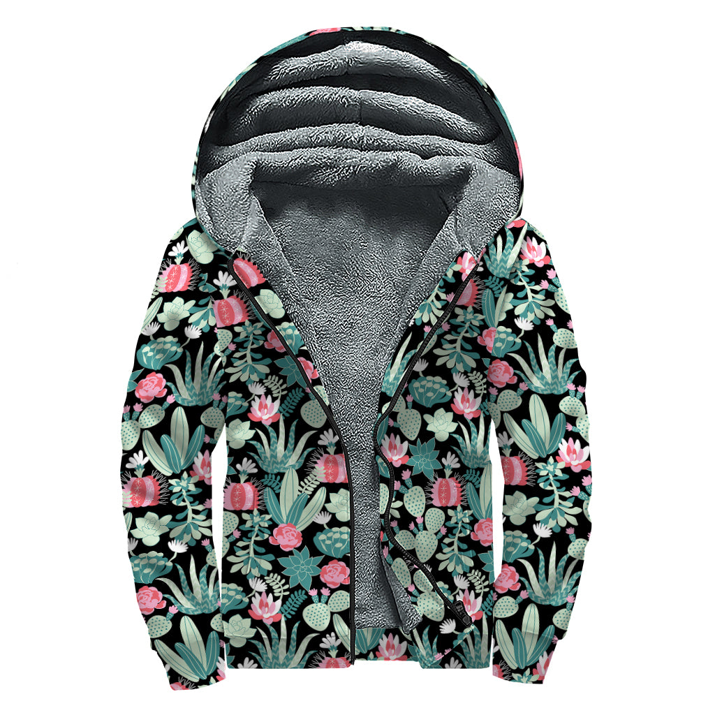 Cute Cactus And Succulent Print Sherpa Lined Zip Up Hoodie
