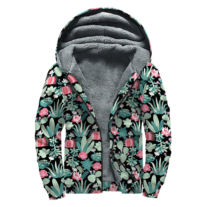 Cute Cactus And Succulent Print Sherpa Lined Zip Up Hoodie