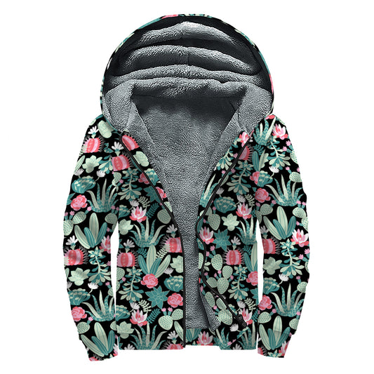 Cute Cactus And Succulent Print Sherpa Lined Zip Up Hoodie