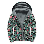 Cute Cactus And Succulent Print Sherpa Lined Zip Up Hoodie
