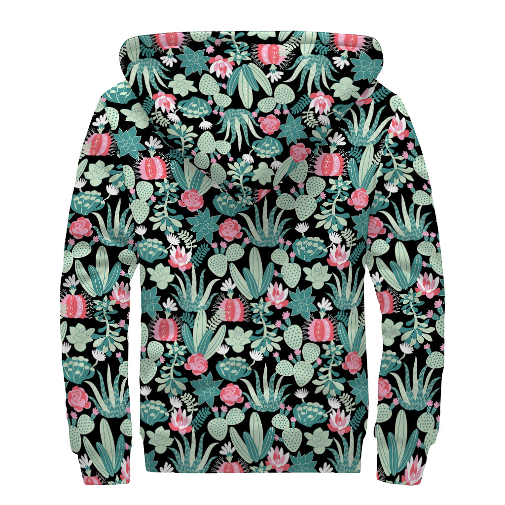 Cute Cactus And Succulent Print Sherpa Lined Zip Up Hoodie