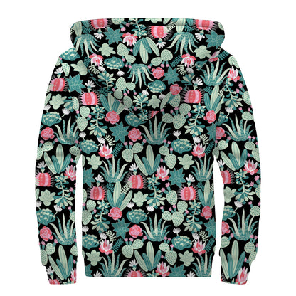 Cute Cactus And Succulent Print Sherpa Lined Zip Up Hoodie