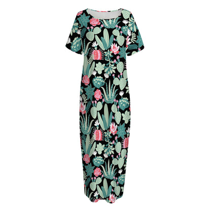 Cute Cactus And Succulent Print Short Sleeve Long Nightdress