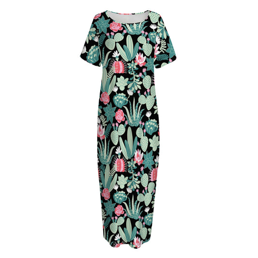Cute Cactus And Succulent Print Short Sleeve Long Nightdress
