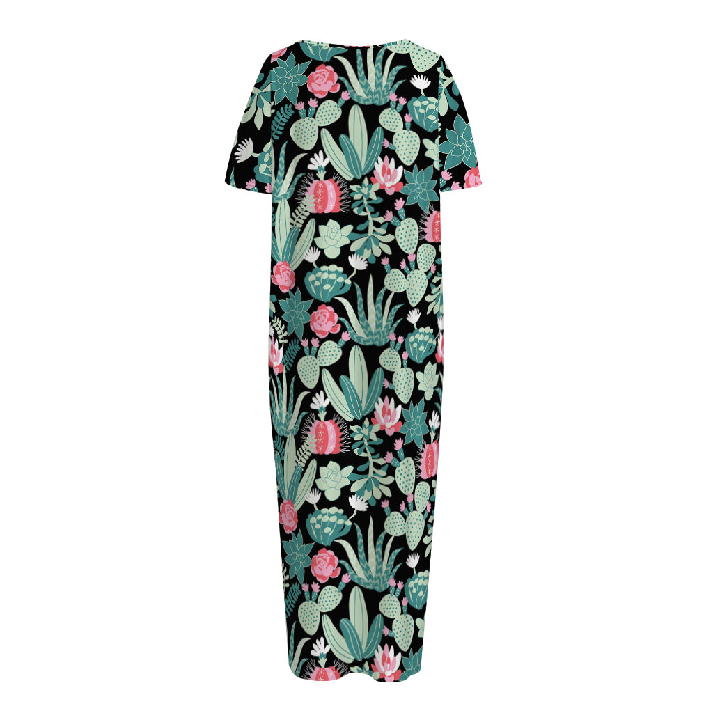 Cute Cactus And Succulent Print Short Sleeve Long Nightdress