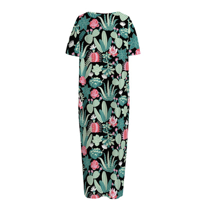 Cute Cactus And Succulent Print Short Sleeve Long Nightdress