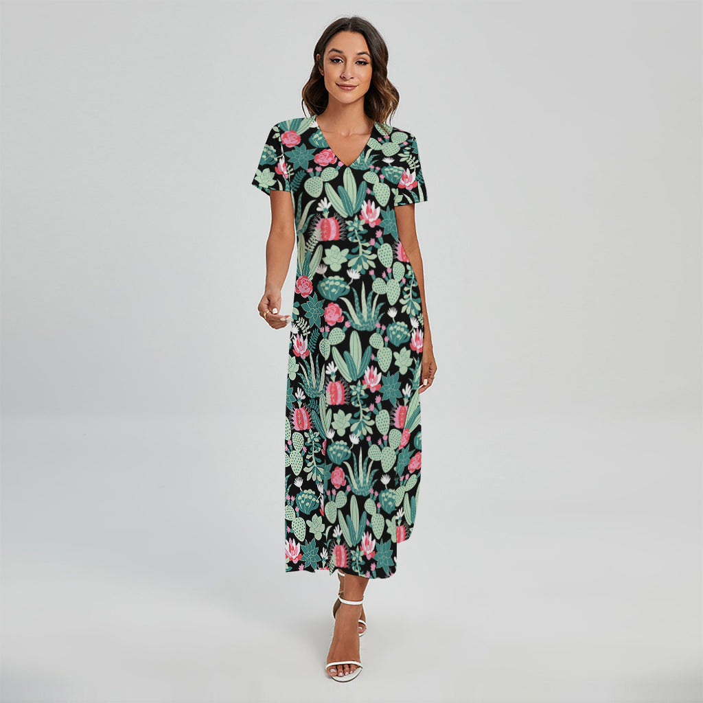 Cute Cactus And Succulent Print Short Sleeve Maxi Dress