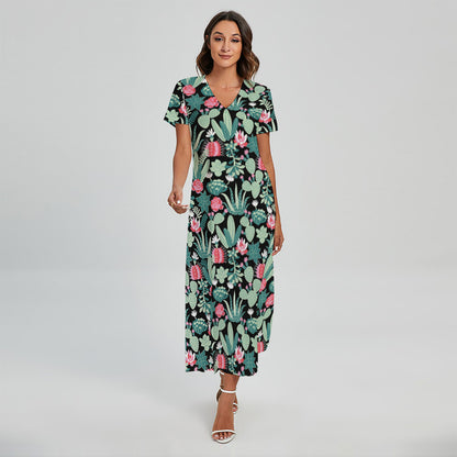 Cute Cactus And Succulent Print Short Sleeve Maxi Dress