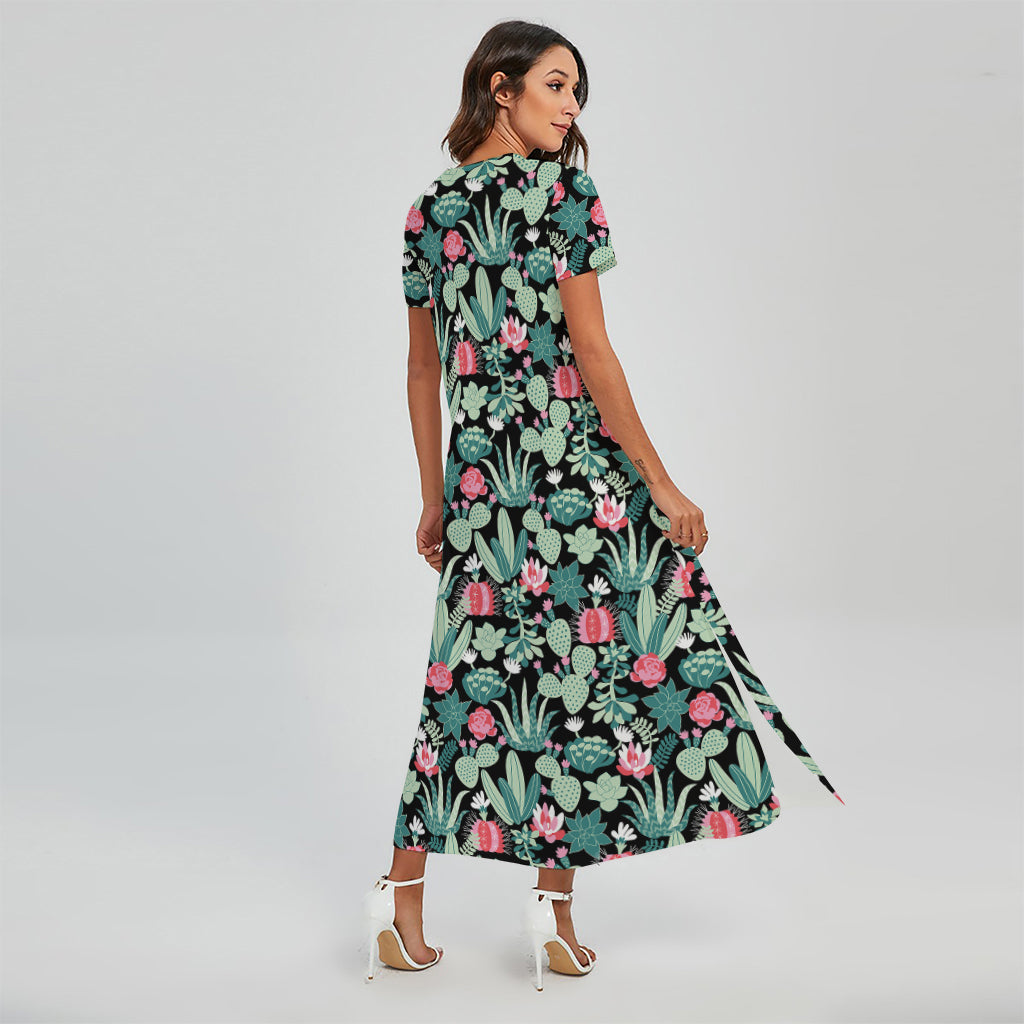 Cute Cactus And Succulent Print Short Sleeve Maxi Dress