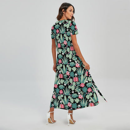 Cute Cactus And Succulent Print Short Sleeve Maxi Dress