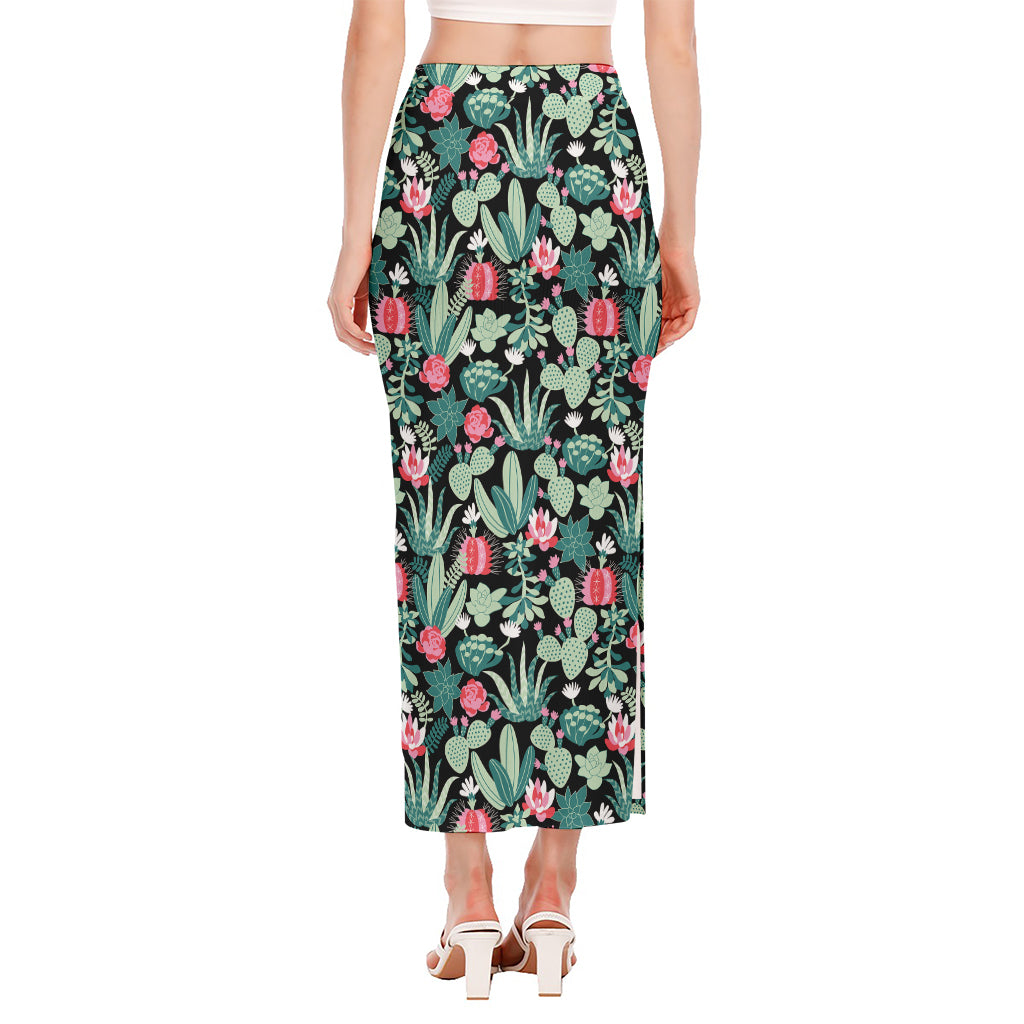 Cute Cactus And Succulent Print Side Slit Maxi Skirt