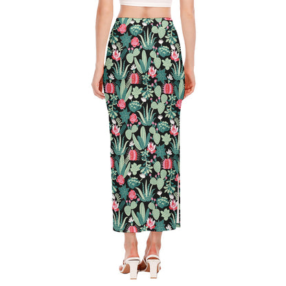 Cute Cactus And Succulent Print Side Slit Maxi Skirt