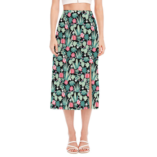 Cute Cactus And Succulent Print Side Slit Midi Skirt