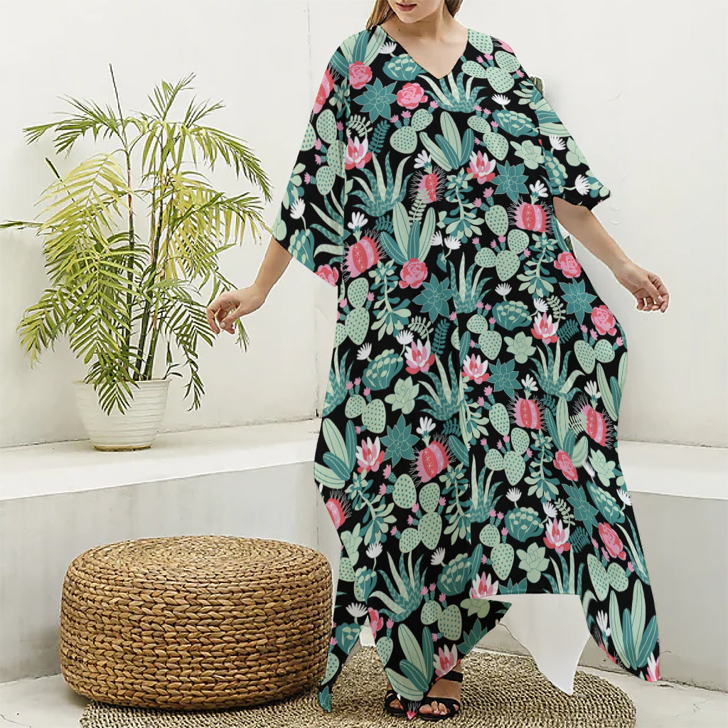 Cute Cactus And Succulent Print Silk V-Neck Kaftan Dress