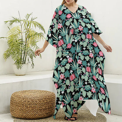 Cute Cactus And Succulent Print Silk V-Neck Kaftan Dress