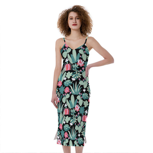 Cute Cactus And Succulent Print Slim Fit Midi Cami Dress