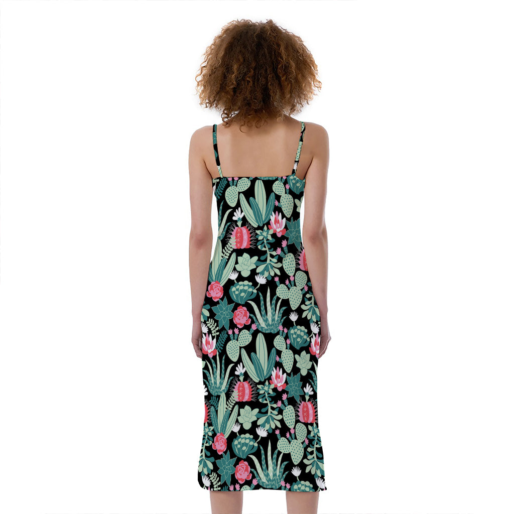 Cute Cactus And Succulent Print Slim Fit Midi Cami Dress
