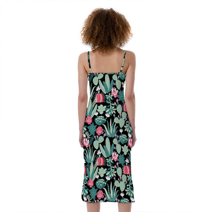 Cute Cactus And Succulent Print Slim Fit Midi Cami Dress