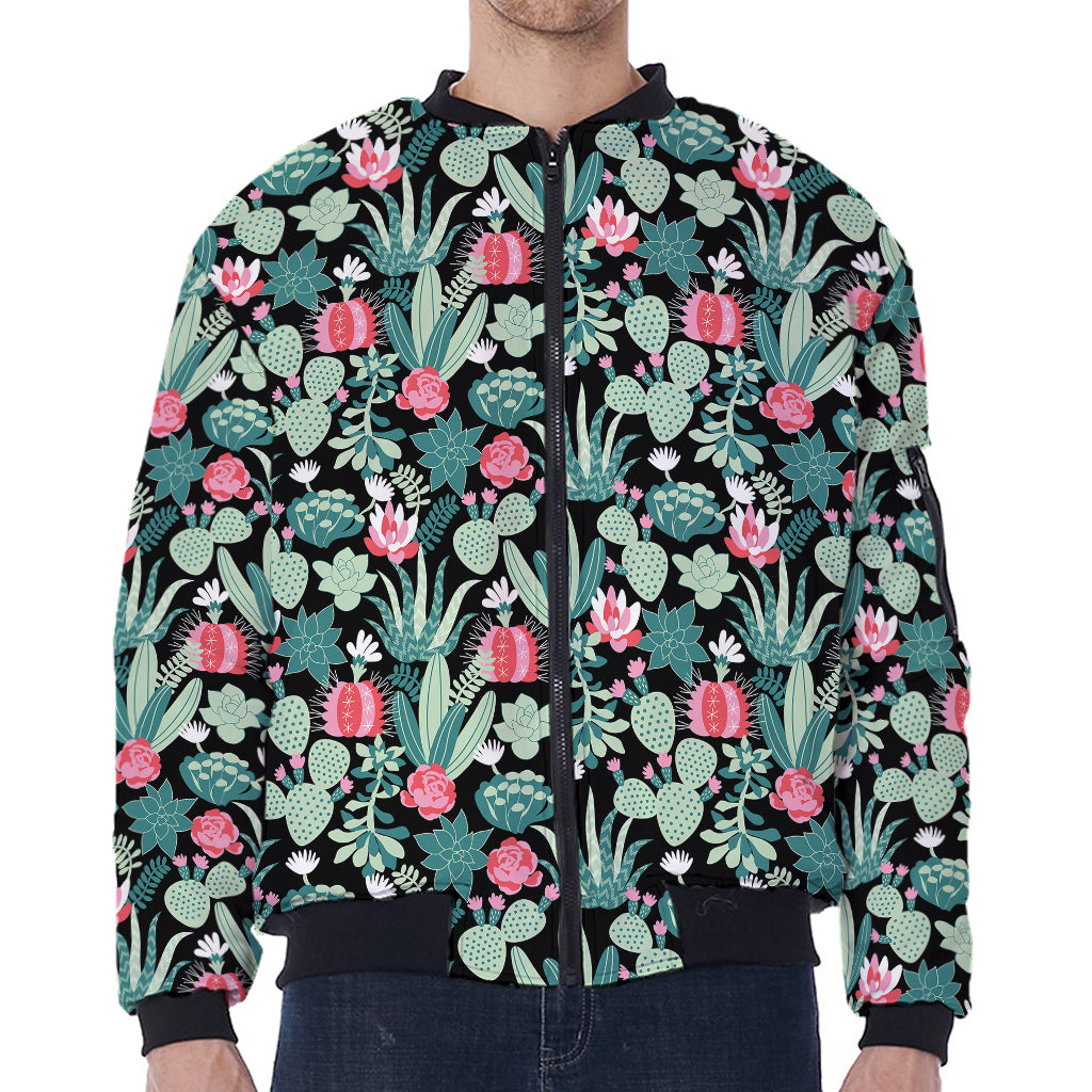 Cute Cactus And Succulent Print Zip Sleeve Bomber Jacket