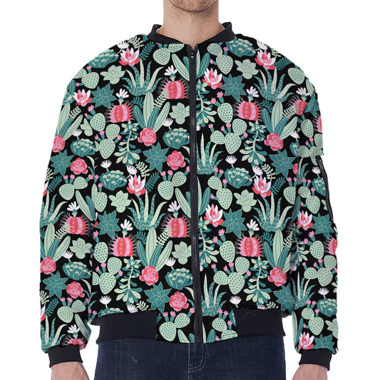 Cute Cactus And Succulent Print Zip Sleeve Bomber Jacket