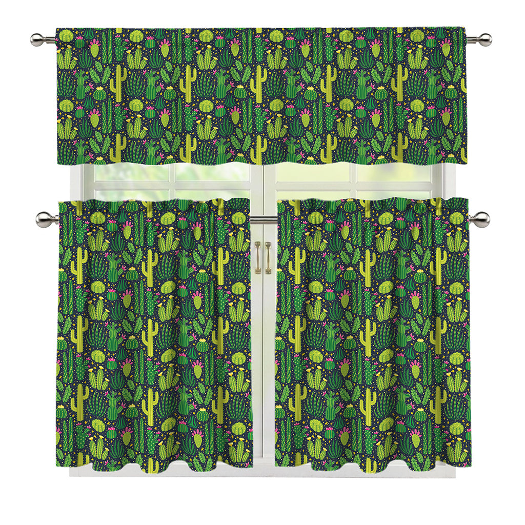 Cute Cactus Plant Pattern Print 3 Piece Kitchen Curtains