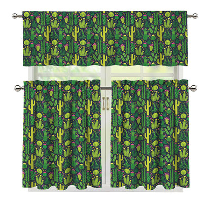Cute Cactus Plant Pattern Print 3 Piece Kitchen Curtains