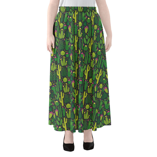 Cute Cactus Plant Pattern Print Chiffon Maxi Skirt