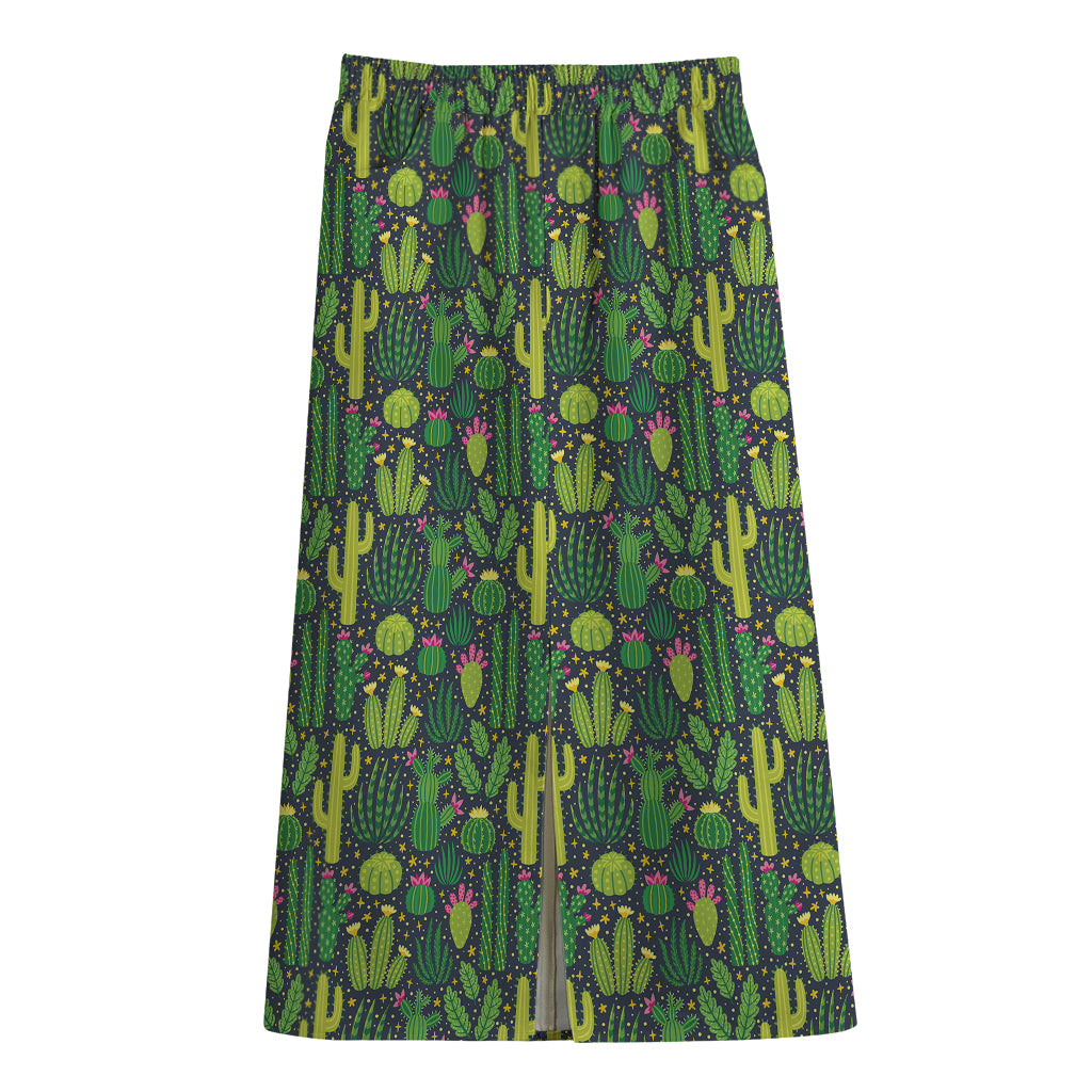 Cute Cactus Plant Pattern Print Cotton Front Slit Maxi Skirt