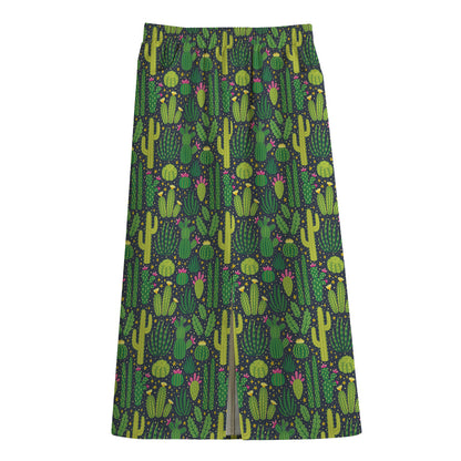 Cute Cactus Plant Pattern Print Cotton Front Slit Maxi Skirt